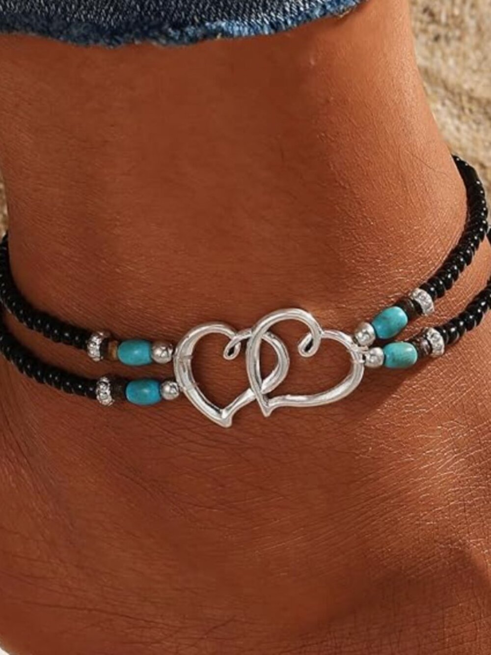 Boho Double Layer Interlocking Heart Ankle Bracelet Turquoise & Black Bead NEW